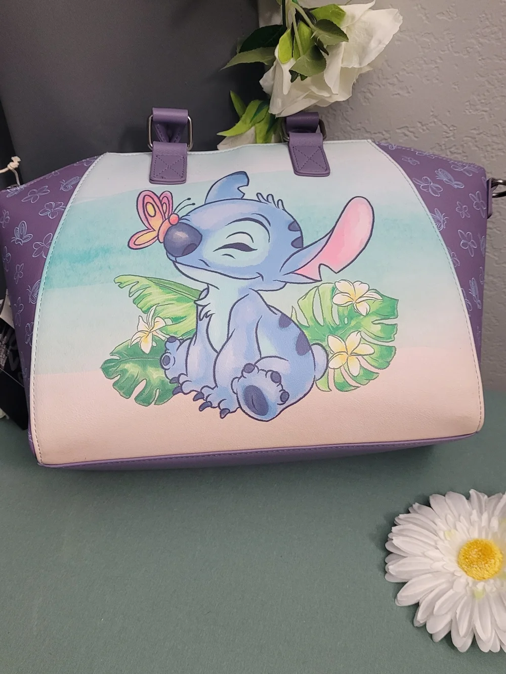 Disney Purple Stitch Floral Print Tote Bag with Pastel Front Art